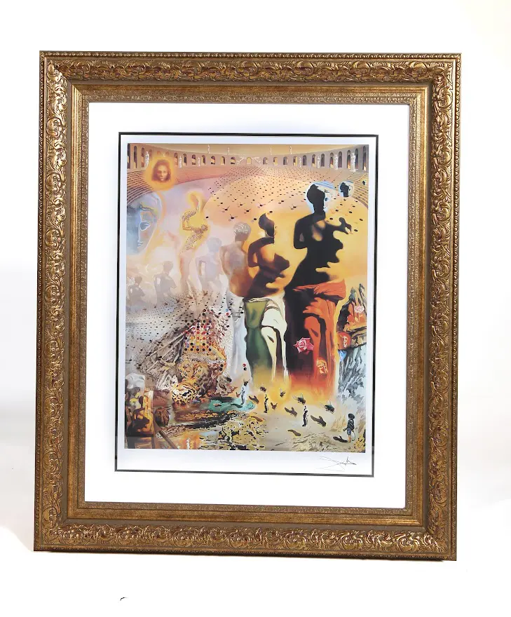 A painting of a fire and smoke scene in a gold frame.