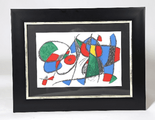 A painting of a colorful abstract design in black frame.