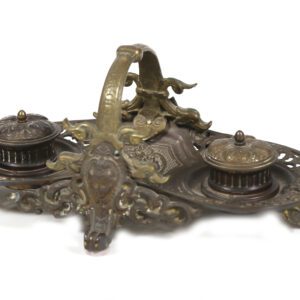 A bronze inkwell with two ink pots and a bird.