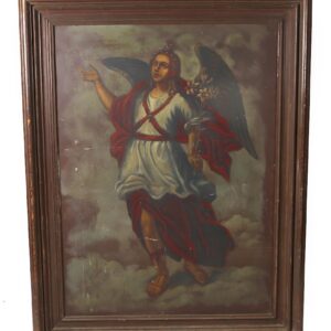 A painting of jesus is in a wooden frame.