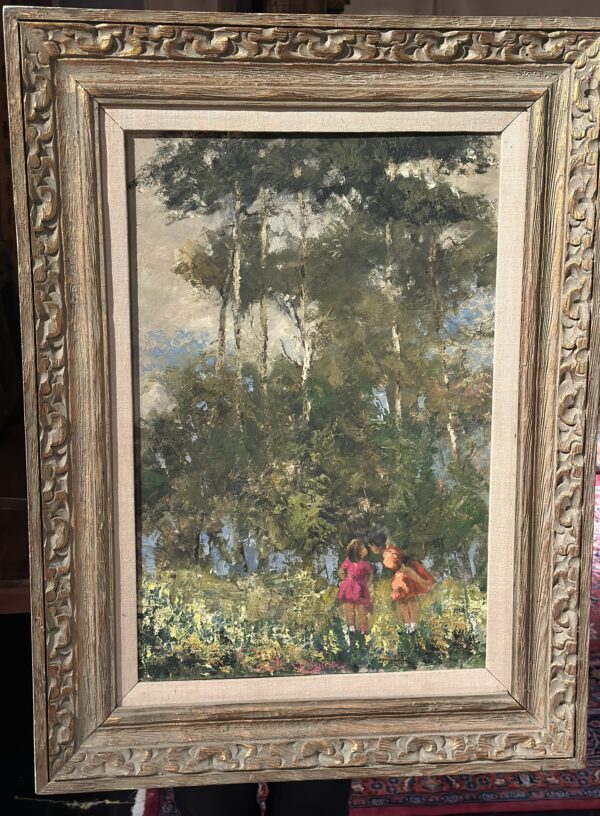 A painting of people in the woods with trees