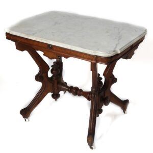 A marble top table with a wooden base.