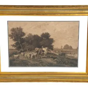 A painting of cows in the field with trees