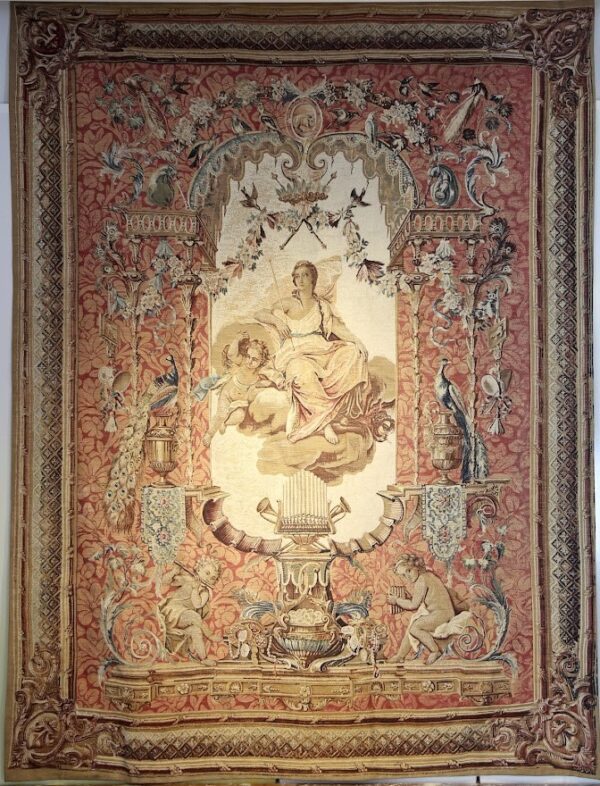 A tapestry with an image of jesus and the virgin mary.