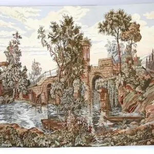 A tapestry with trees, water and buildings.