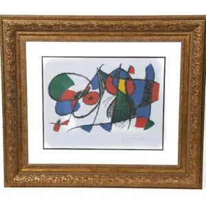 A painting of colorful shapes and lines in a gold frame.