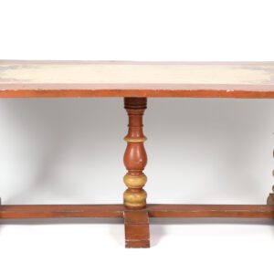 A table with two legs and a wooden top.