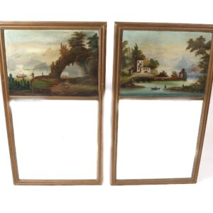 Two paintings of a landscape with trees and buildings