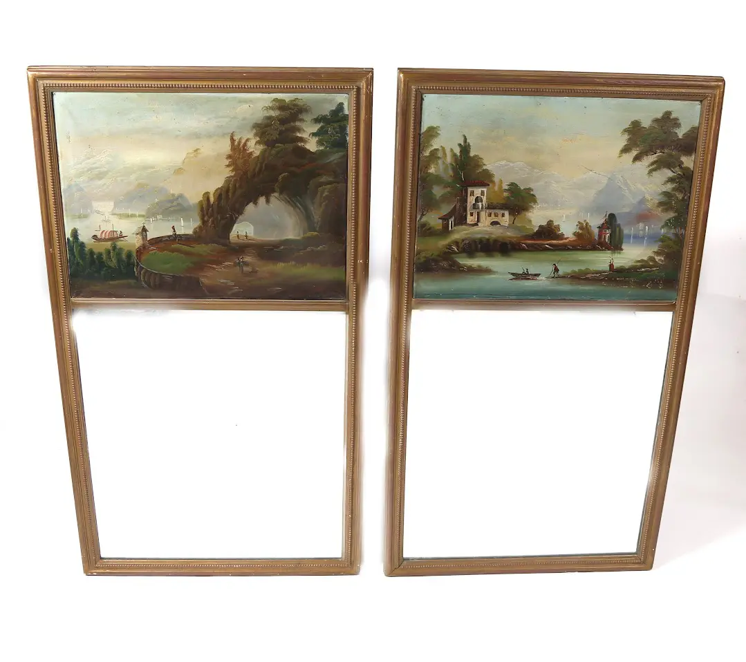 Two paintings of a landscape with trees and buildings