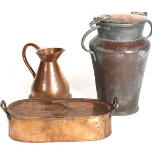 A group of three copper containers and a pitcher.