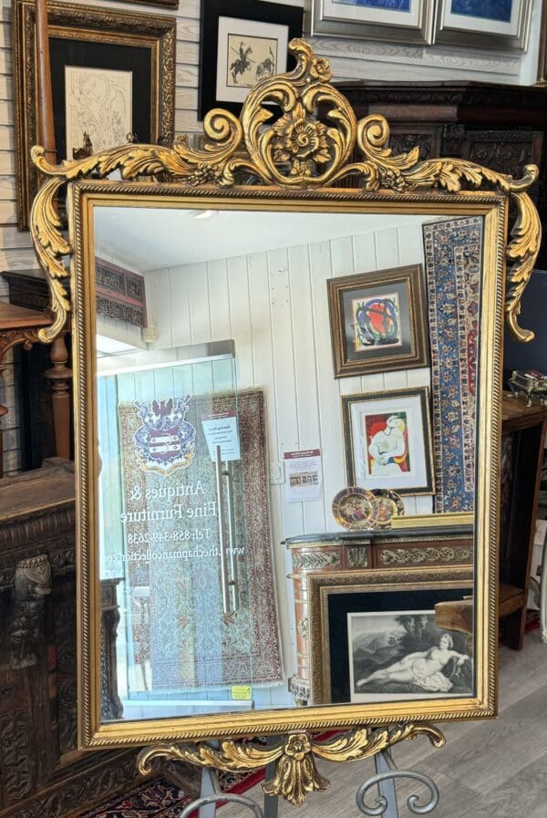 Ornate gold framed mirror with reflection.