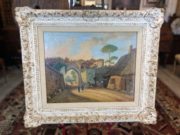 Framed painting of a rural landscape scene.