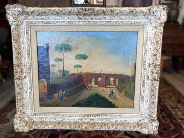 Framed oil painting of a rural scene.