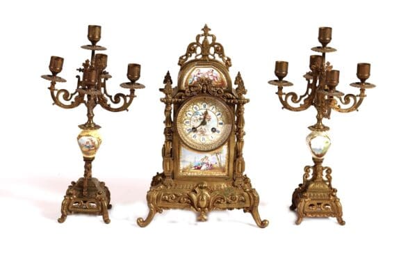 French Antique 3pc clock set hand painted porcelain