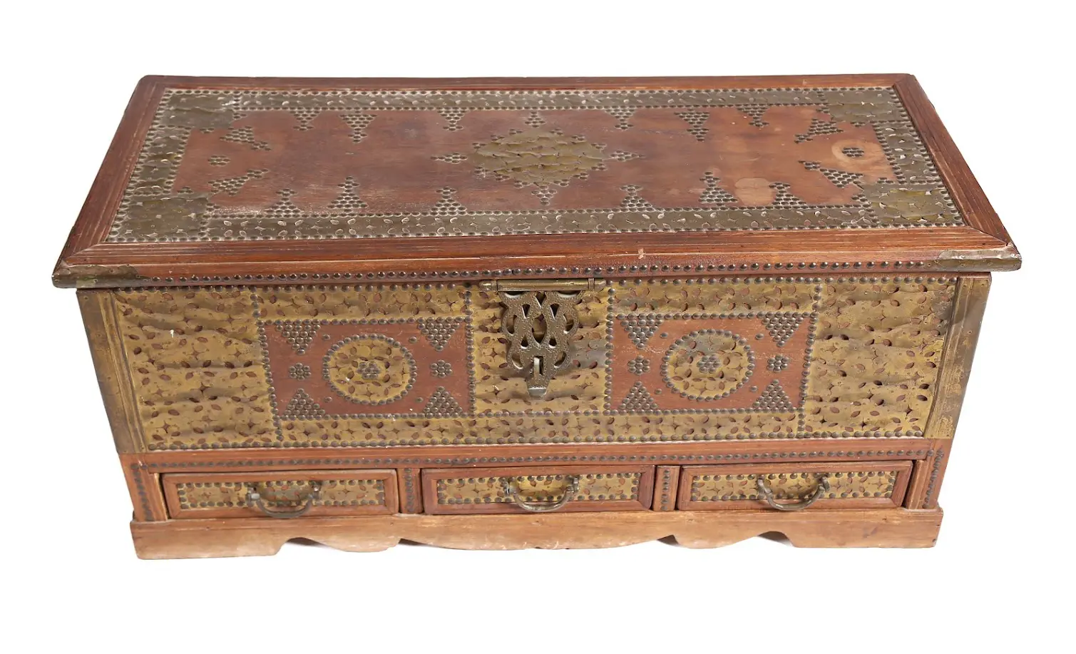 Ornate wooden chest with brass inlay.