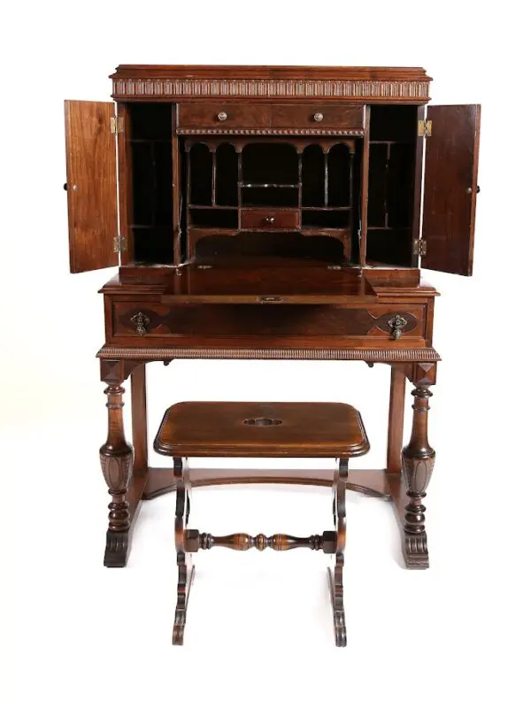 Antique English walnut drop front desk with stool