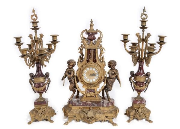 3 Pcs French intricate Louis XVI Style Marble Clock set with gilded bronze