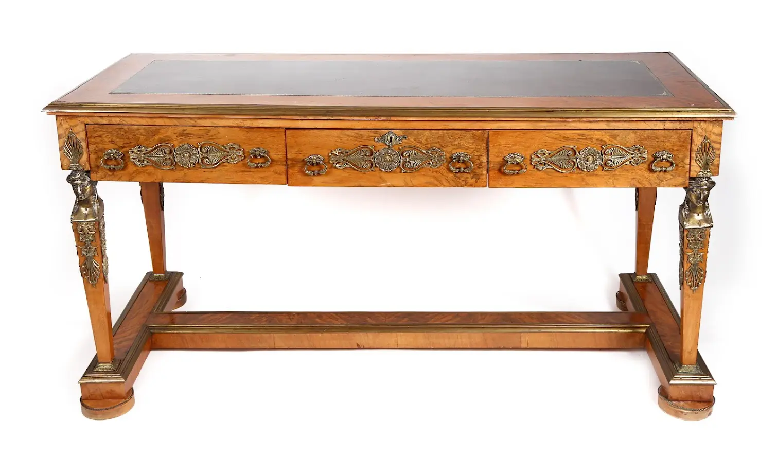 Antique wooden writing desk with brass details.