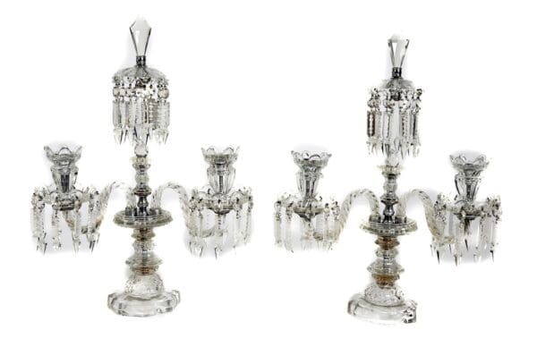 Pair of Antique English hand-cut crystal candelabras with intricate prism-cut drops