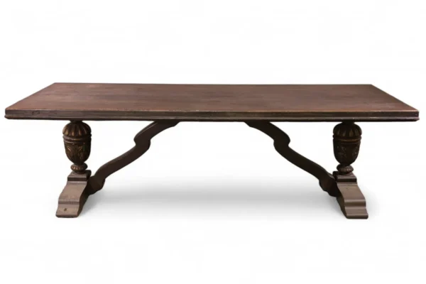 Antique Spanish gothic revival oak dining table with pedestal legs