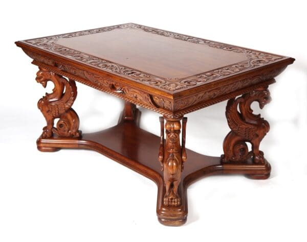 Antique English carved wing griffin desk with 2 draws - Image 3