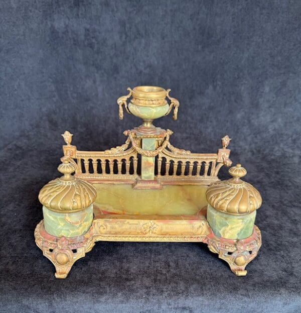 Antique French Onyx inkwell with 2 inkpots