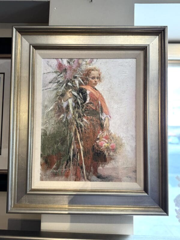 Beautiful hand signed limited edition mixed media entitled "Flower Child" by Pino in custom silver frame 26 tall x 22 wide
