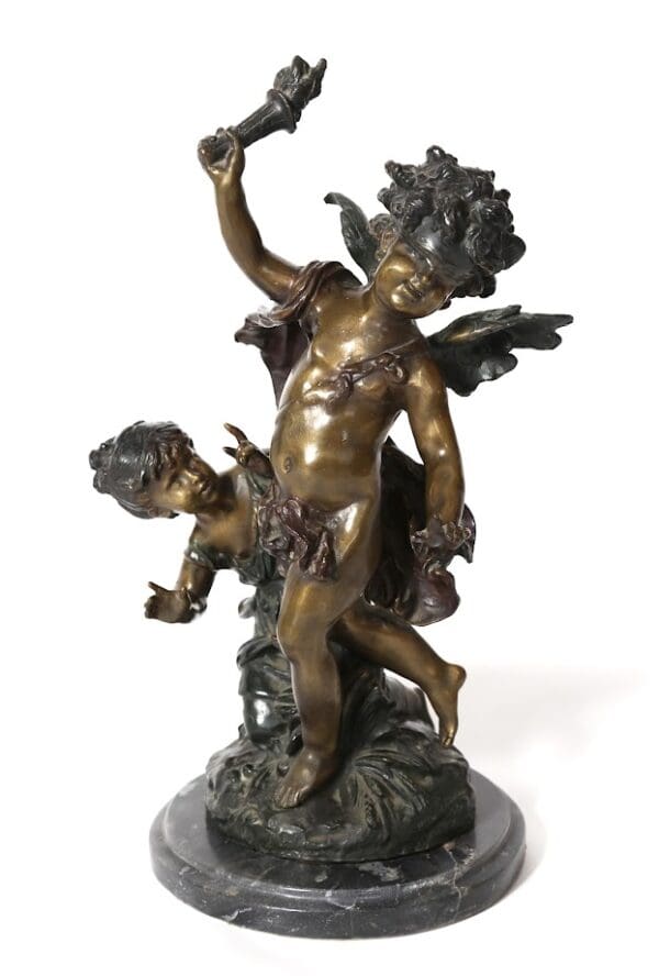 French Bronze Cherub with angel on marble base
