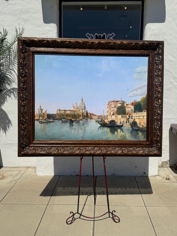 Large Italian Oil on canvas depicting Venice in dark bronze regency frame 49.5 tall x 61.5 wide 