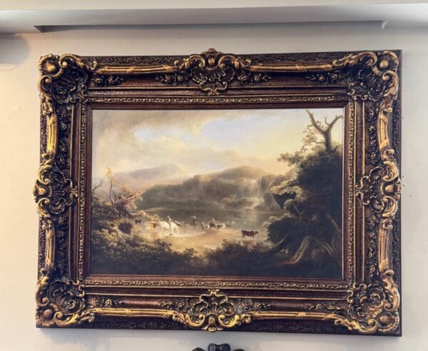 Beautiful Oil on canvas depicting landscape with horses and other animals in ornate regency frame 39 tall x 52 wide