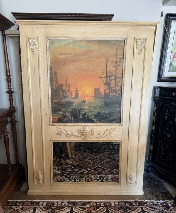 Large old French wooden hand carved trumeau mirror with hand painted ship scene