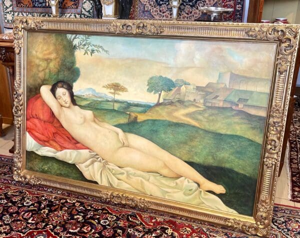 Extra-large Antique Italian Oil on board depicting The Sleeping Venus in original giltwood antique frame 52 tall x 78 wide