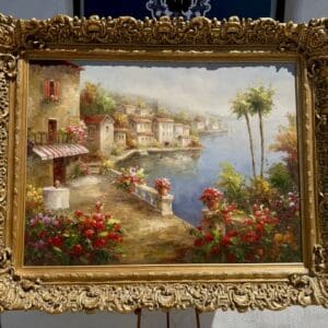 Painting of a scenic lakeside village.
