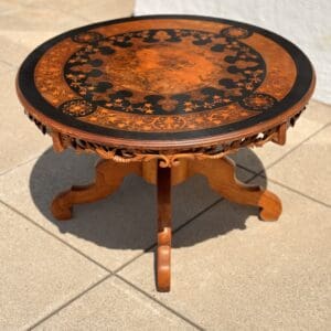 Antique Dutch occasional table with marquetry inlay and fine hand carved apron