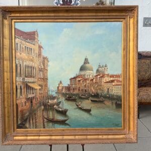 Ornate framed Venice canal painting with gondolas
