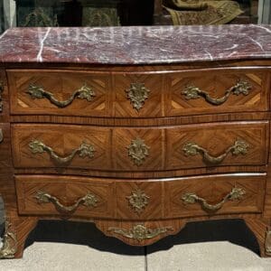 Antique French Louis XV-Style Marquetry Commode with Rouge Marble Top