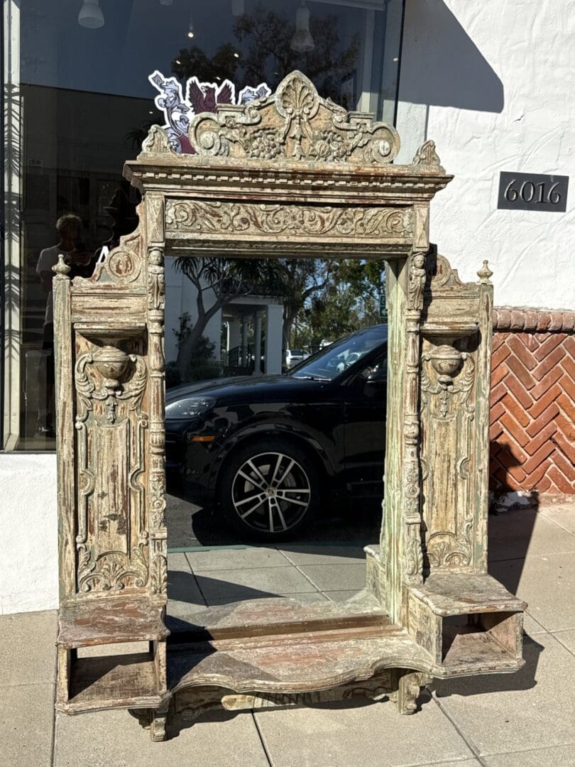 Antique large Hand-Carved Polychrome Architectural Mirror