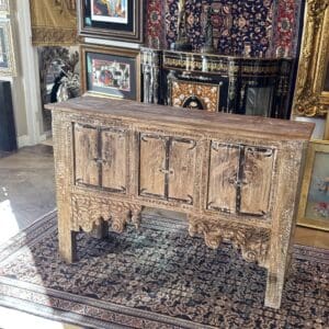 Old World hand painted wooden cabinet with metal detailing