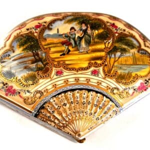 Antique Sevres style porcelain box and fan-shaped curiosity chest hand painted with a pastoral courting scene and gilt scrollwork