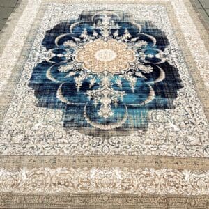 Large Persian hand-finished Silk Qum carpet, 11'5" x 8'1", in rich navy and turquoise with an ivory medallion and vintage-inspired finish at The Chapman Collection