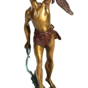 French bronze hunter sculpture depicting a youthful archer holding a game bird aloft on a circular black marble base
