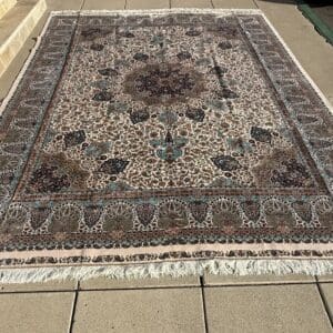Large Persian Silk Carpet in Ivory, Turquoise & Midnight Blue