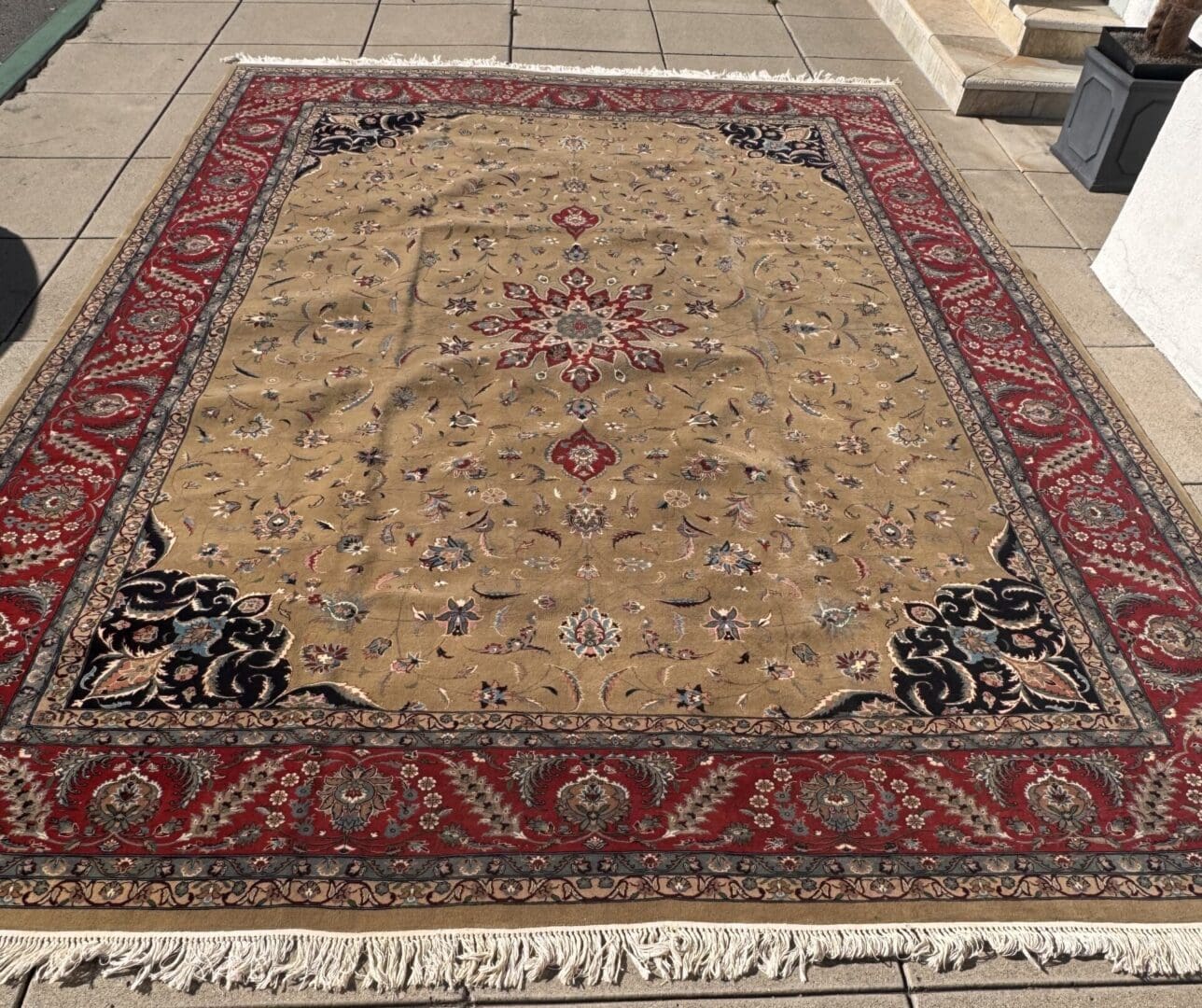 Handmade pure wool Carpet with Olive Gold, Ruby & Midnight Blue - Image 2
