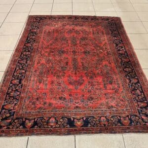 Antique Persian Sarouk Carpet, Deep Red & Navy Floral Design