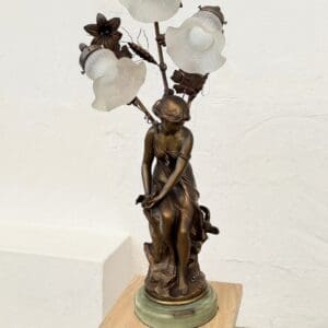 French Art Nouveau figural lamp titled Hirondelle Blessee signed Moretay with three frosted floral shades and green stone base, 33.5 inches high