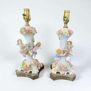 Pair of Antique Dresden Hand-Painted Porcelain Lamps