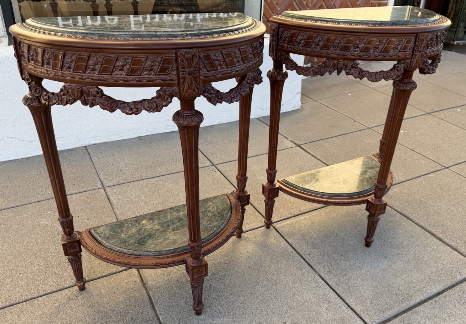 Pair of French Demi-Lune Console Tables with Inset Marble
