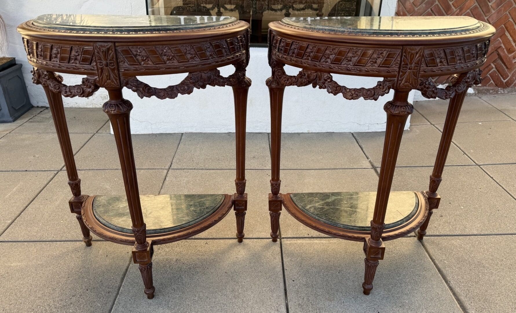 Pair of French Demi-Lune Console Tables with Inset Marble